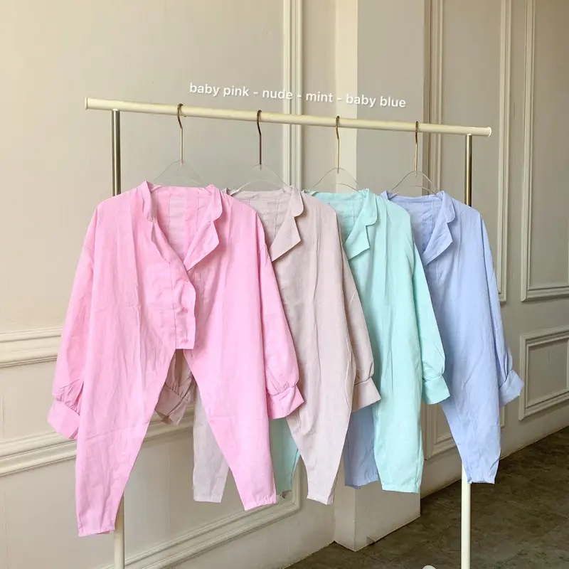(Posy) Atasan Wanita Plain Hoppy Blouse Bahan Katun Denim Kemeja Polos Wanita Kancing 0