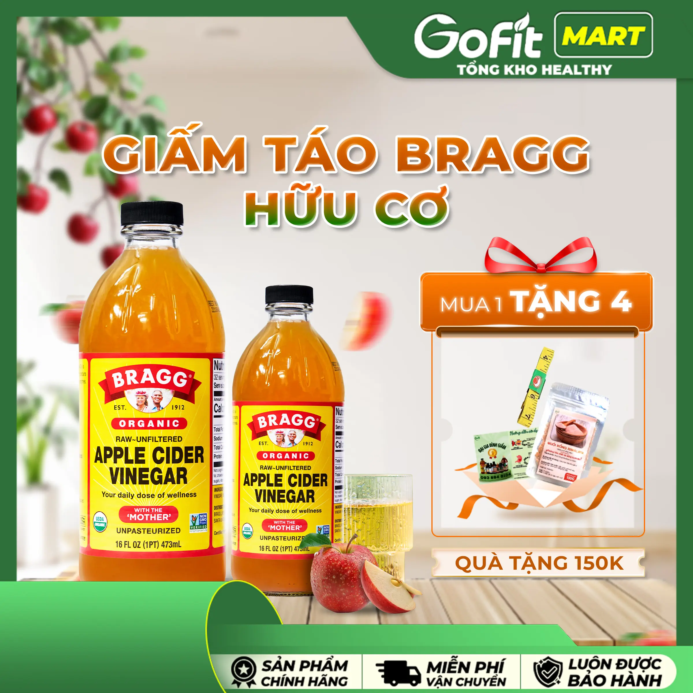 [Chính Hãng - 4 Quà] Giấm Táo Hữu Cơ Bragg Có Giấm Cái 473Ml, 946Ml, Dấm Táo