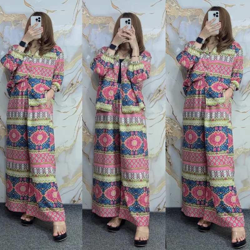 ONE SET CROP SETELAN CELANA KULOT WANITA HIGHTWAIST LENGAN 7/8 RAYON PREMIUM BUSUI FRIENDLY KANCING - SETELAN MOTIF CELANA KULOT BARU 1
