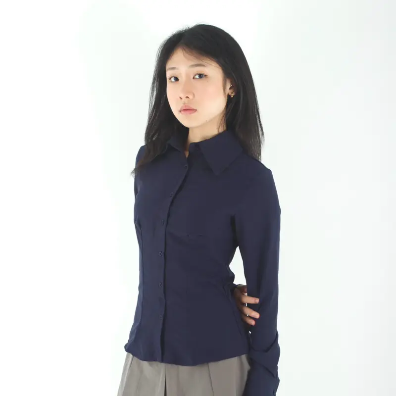 Lexy Fashion - Carrie Shirt Premium Long Sleeve Fitted  Atasan Baju Kemeja Basic Ber Kerah Lengan Panjang Hourglass Polyester