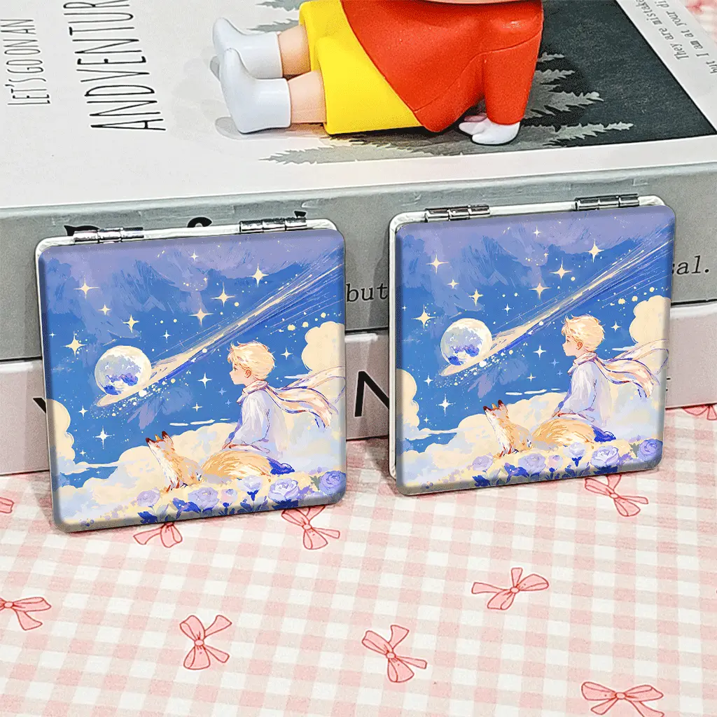 Portable Foldable Makeup Mirror, boyfoxmoonstars Pattern, Mini Hand Cosmetic Mirror, Student Pocket Mirror, Trendy Compact Mirror, Cute, Double Sided Mirror, Non-Slip Handheld