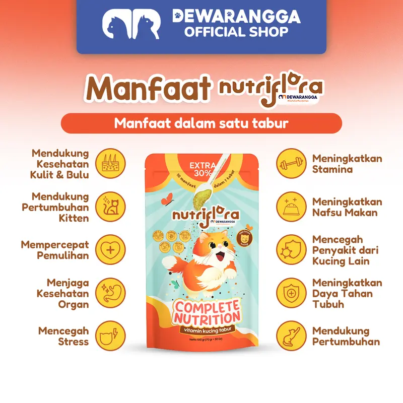 [Beli 2 Gratis 1] Dewarangga Nutriflora Complete Nutrition untuk Peningkatan Imunitas Kucing, Penggemuk Kucing, dan Bulu Lebat Kucing dengan Probiotik & Omega 3,6,9 1