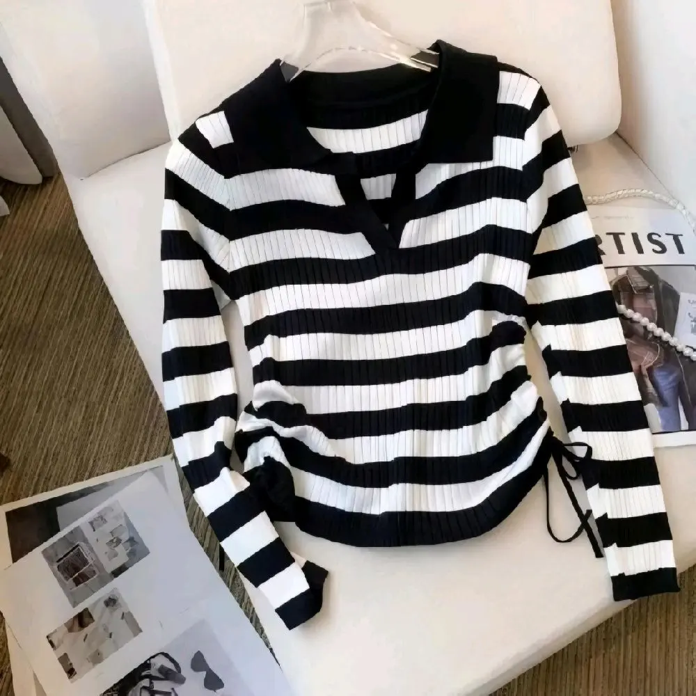 Atasan Rajut Berkerah Polo Tali Salur Lengan Panjang-V neck Top Blouse Stripe Polo Shirt  tali serut pinggir