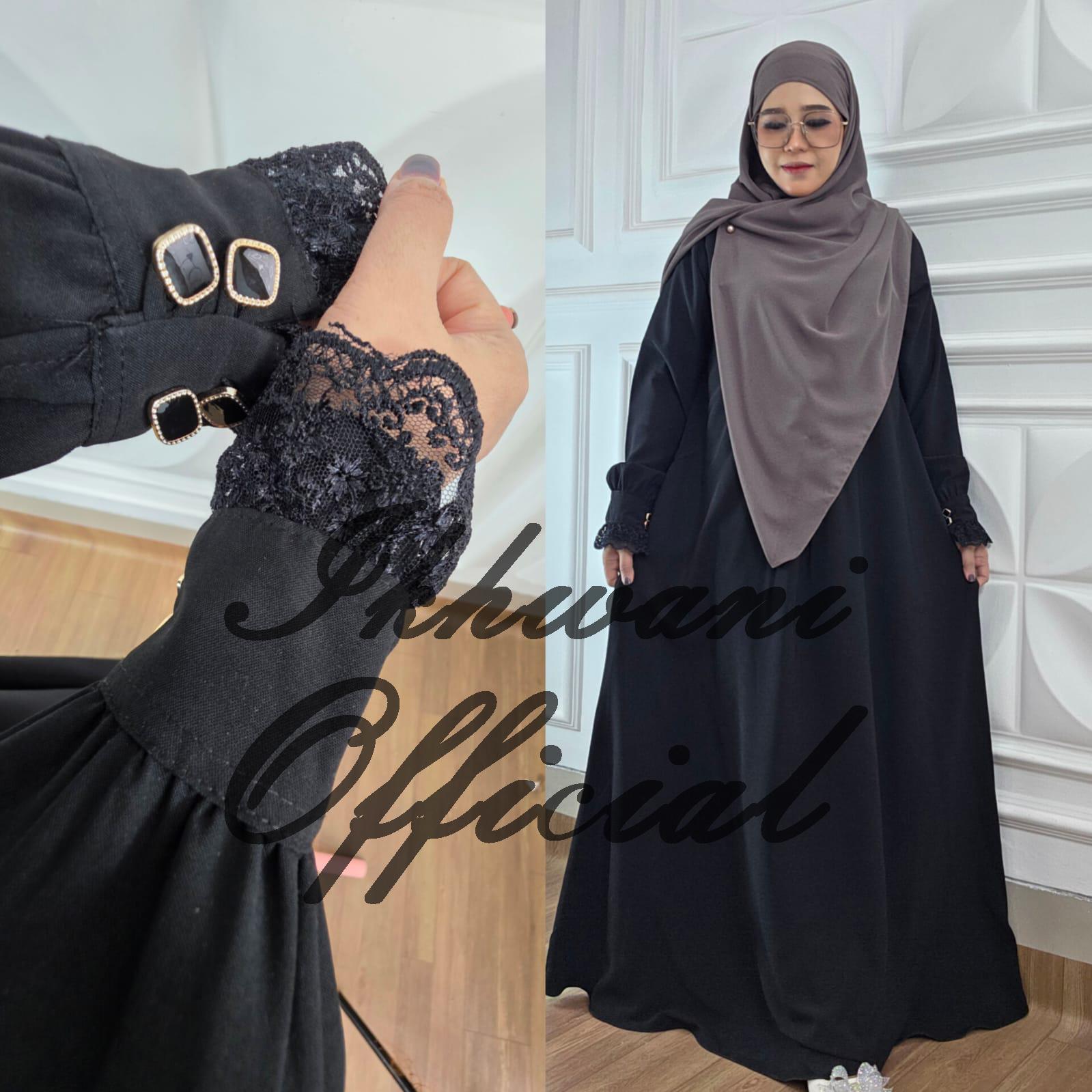 Abaya YASMIN NUA Ikhwani tangan kancing variasi renda Abaya umroh haji muslimah syar'i