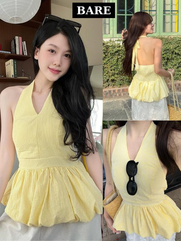 BARE_Áo Cổ Yếm Hoạ Tiết Bo Chun Xoè Dáng Bí Peplum Áo Kiểu Nữ -Áo Hai Dây Cổ Yếm Kẻ Sọc Đi Biển_A600, _A626, _A680