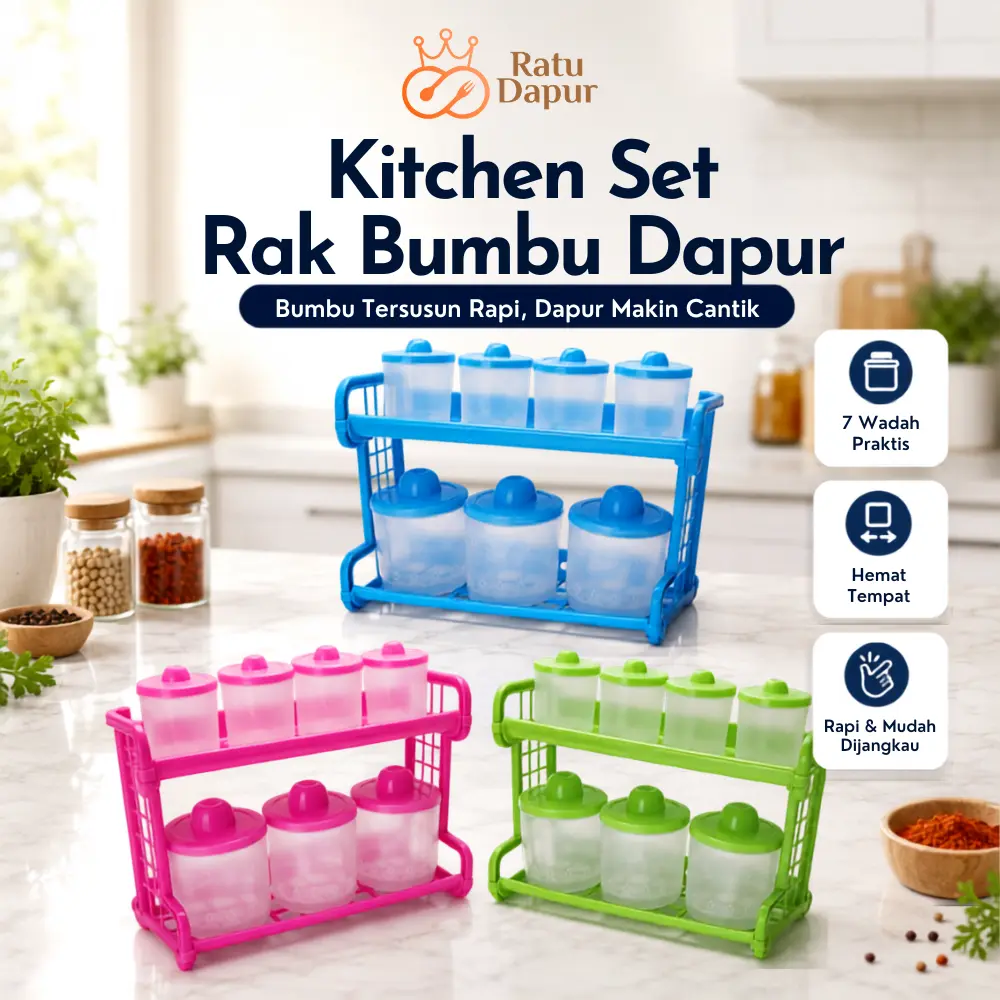 [AFF8] Kitchen Set Tempat Bumbu 7 in 1 – Rak Bumbu Dapur Serbaguna dengan 7 Toples, Bisa Digantung atau Diletakkan di Meja, Warna Ungu Hijau Pink Multifungsi Wadah Plastik Perlengkapan Rempah Kitchenware