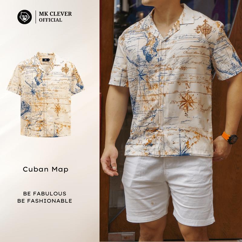 Áo Sơ Mi Cuban Map MK CLEVER, Áo Sơ Mi Thiết Kế Cổ Cuban, Họa Tiết Sắc Màu, Chất Liệu Vải Lụa Mịn Siêu Đẹp, Form Dáng Trẻ Trung Nam Menswear