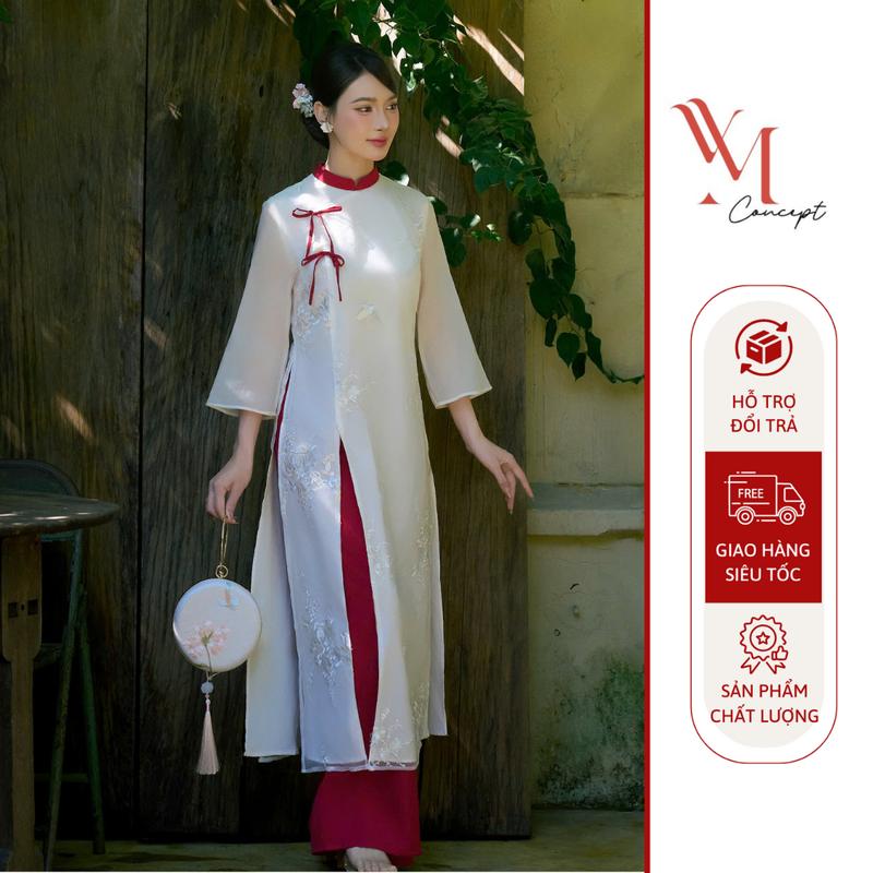  YM Concept Áo Dài Form Suông Vai Tơ Thêu Hoa Bỉ Ngạn Phối Cổ Đỏ Đính Nơ Xẻ Tà Kèm Quần - Mẫu Áo Dài Tết Thanh Lịch Cho Nàng AD1502 