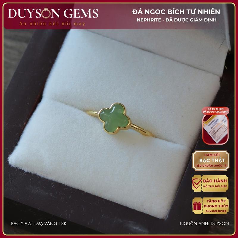  Nhẫn cỏ 4 lá đính ngọc bích tự nhiên Jade Type A nhẫn bạc 925 mạ vàng 18k Freesize Duyson Silver 