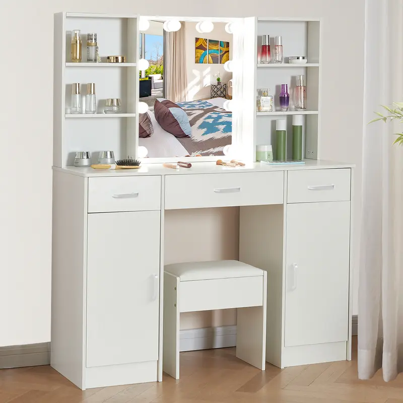White Dressing Table with Adjustable LED Lights Mirror 3 Color Temperatures Vanity Desk with 3 Drawers and 2 Cabinets Large Makeup Desk Bedroom Dresser 4