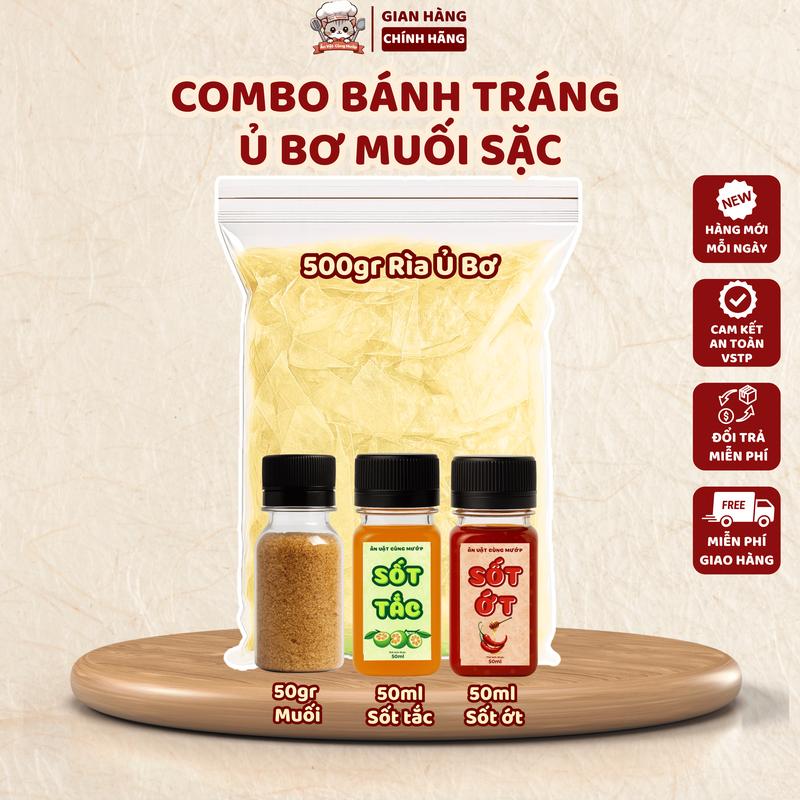  Combo Bánh Tráng Ủ Bơ 500gr Tặng Kèm Muối Nhuyễn 50gr Sốt Tắc 50ml & Sốt Ớt Rim 50ml - Ăn Vặt Cùng Mướp 