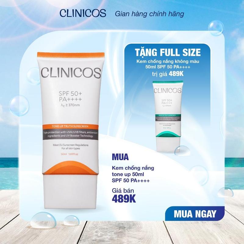 [MUA 1 TẶNG 1] KEM CHỐNG NẮNG CLINICOS NÂNG TONE/ CHO DA NHẠY CẢM TONE-UP/ SENSITIVE TRUTH SUNSCREEN SPF 50 PA++++ 50ML (TẶNG 1 TUÝP FULLSIZE 50ML)