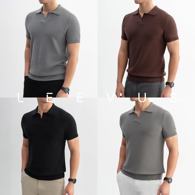  Áo polo LEN DỆT KIM nam V-neck Knit vải dệt tổ ong phối màu neutral thanh lịch LEEVUS - APL335 
