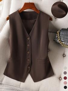 Blazer tipo chaleco de mujer con cuello en V y botones, chaleco casual de color liso para trabajo y oficina, ropa de primavera y otoño para damas