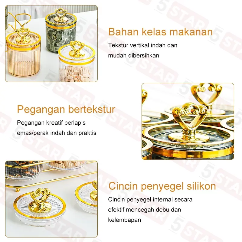 【Flash Sale】5STAR Set Toples Gold & Nampan Mewah - Guci & Kotak Penyimpanan Kue, Camilan, Dapur, Set Tangki Segel Plastik, Desain Elegan untuk Lebaran 3