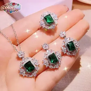 COLOS35 Perhiasan perhiasan mode set zamrud, biru klein, kalung tiga warna hijau zamrud, anting-anting dan cincin set tiga potong