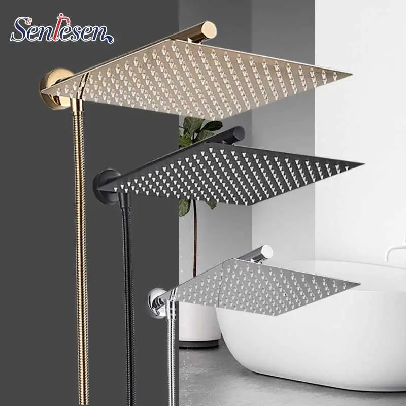 Bisa COD Senlesen Kepala Head Shower Air Rainfall Stainless Steel Square 8Inch - 201 Design Minimalis Set Karet Tiang
