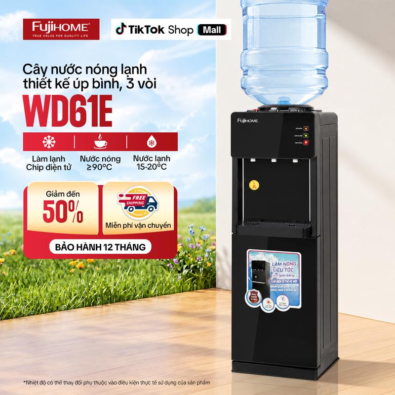Cây nước nóng lạnh nhập khẩu FUJIHOME WD61E, máy uống nước nóng lạnh mini 3 vòi tự ngắt tiết kiệm điện