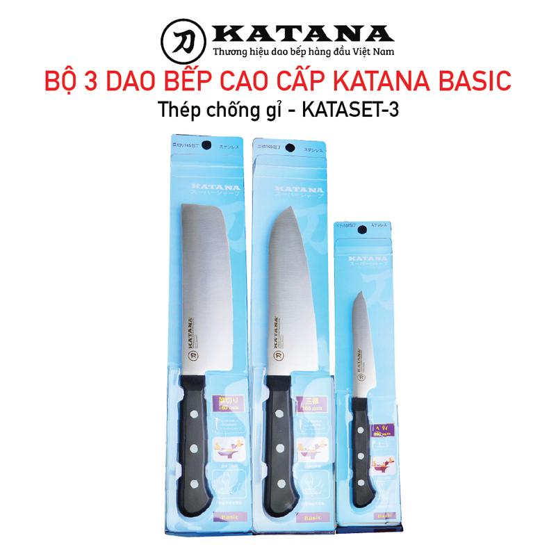 Bộ 3 dao bếp dành cho gia đình  KATANA Basic thép Nhật chống gỉ - Dao thái đa năng - Thái rau củ - Gọt hoa quả