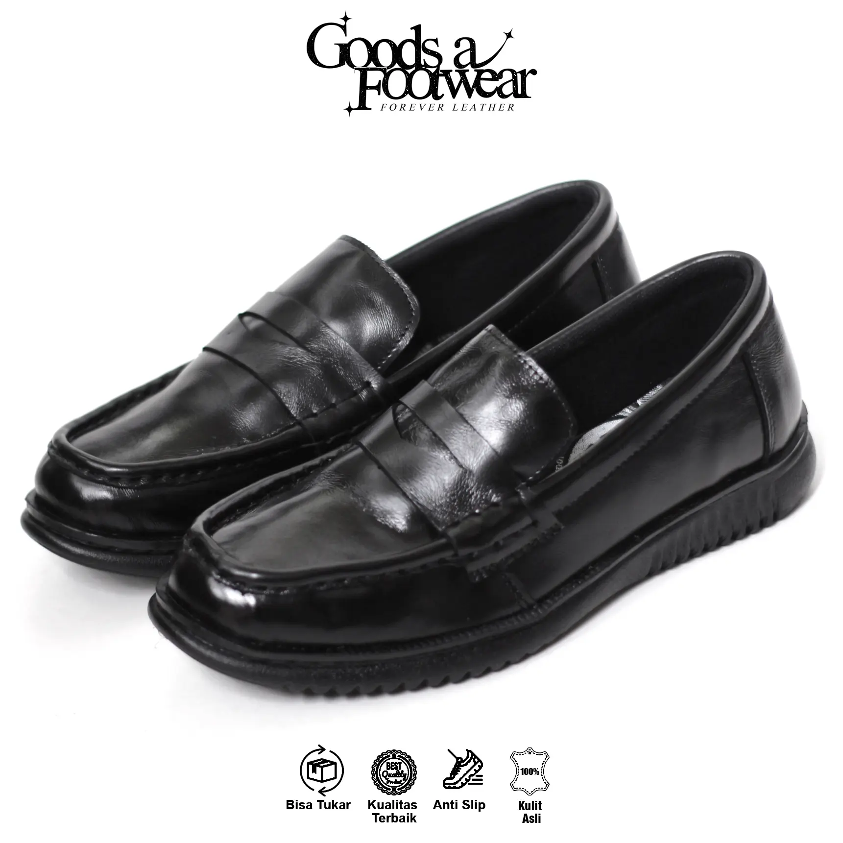 PORES - Sepatu Pantofel Loafers Hitam Pria Kulit Asli Slip On Kerja Kantor Kasual