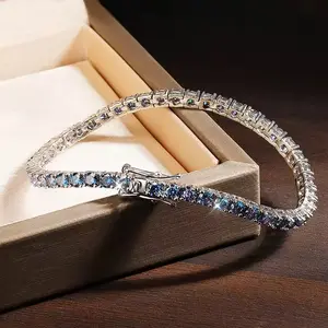 Blue Moissanite : 3mm Tennis Bracelets for Women & Man with Certificate 925 Silver Plated 18K