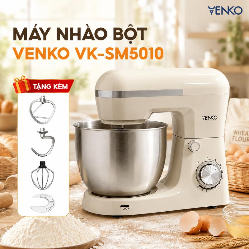 Máy nhào bột Venko VK-SM5010 - Máy trộn bột đa năng, đánh trứng, đánh kem, Dung tích thố trộn 5Lít - 3 Trong 1 Tự Động
