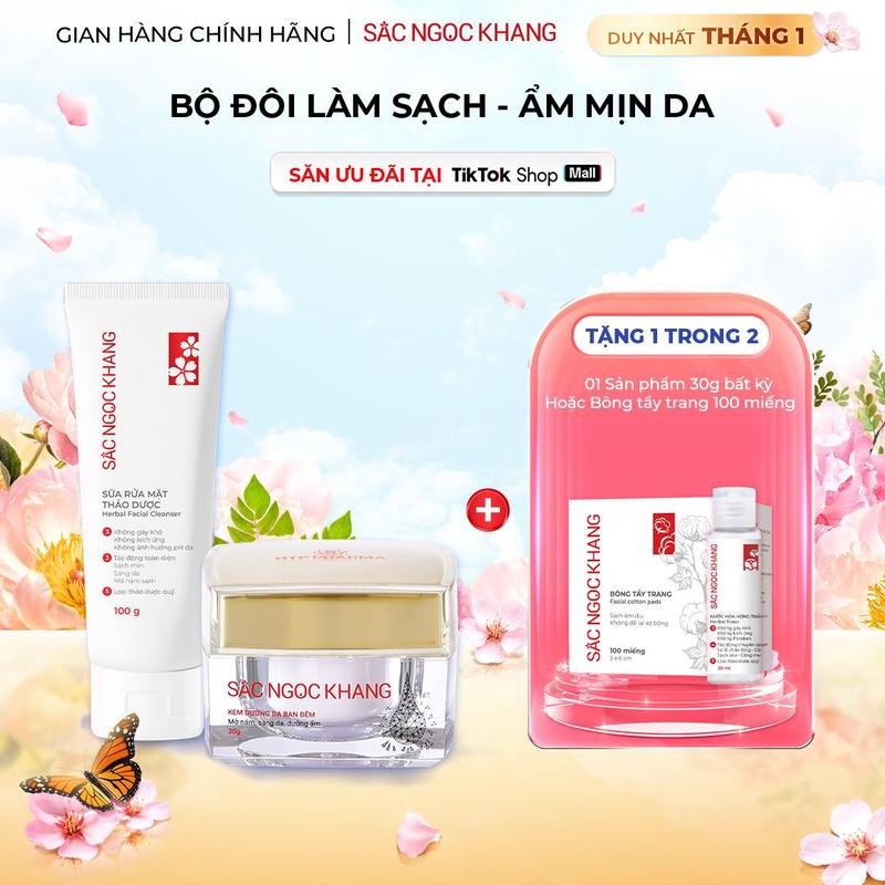 Bộ Đôi Dưỡng Da - Làm Sạch Cơ Bản Fullsize: Sữa Rửa Mặt Thảo Dược 100G + Kem Hỗ Trợ Dưỡng Ẩm 30G Sắc Ngọc Khang - Hỗ Trợ Dưỡng Trắng Cải Thiện Nám Sạm Tàn Nhang Nâng Tông Da whitening Skincare