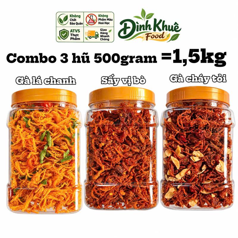 Combo 3 Hũ Khô 3 Hũ 500gram ( Gà Lá Chanh, Gà Cháy Tỏi, Vị Bò- có giấy ATVSTP ) - Đình Khuê Foods