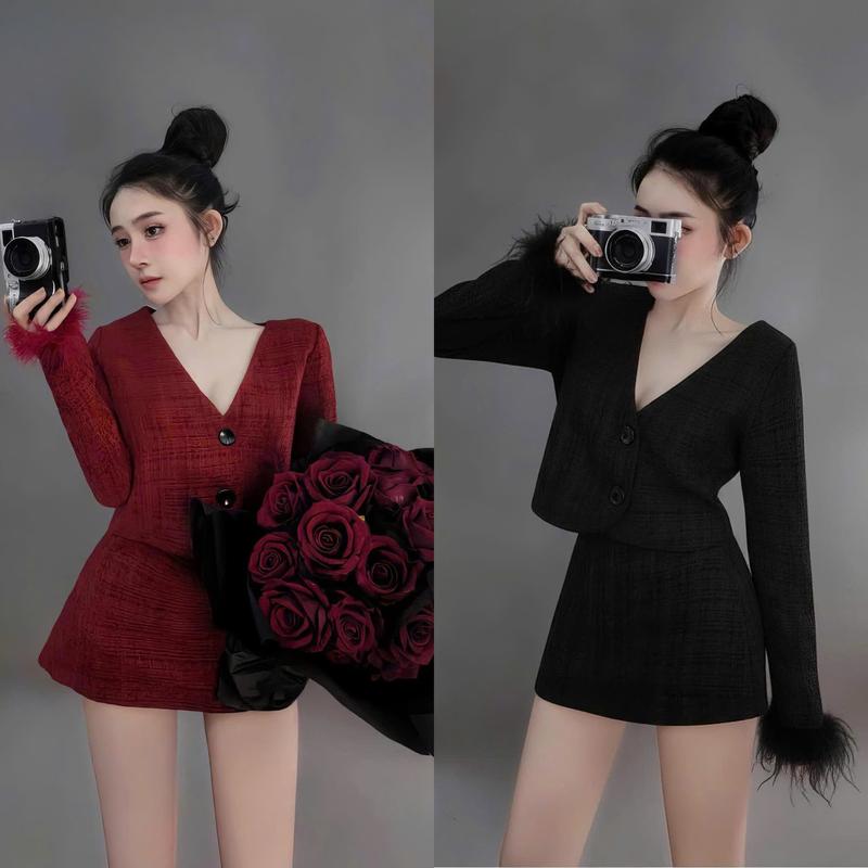  BIGSIZE HIẾU HIẾU  55-95KG  - Set dạ thu đông Áo cổ v tay dài viền lông + Chân váy dáng ngắn S681 