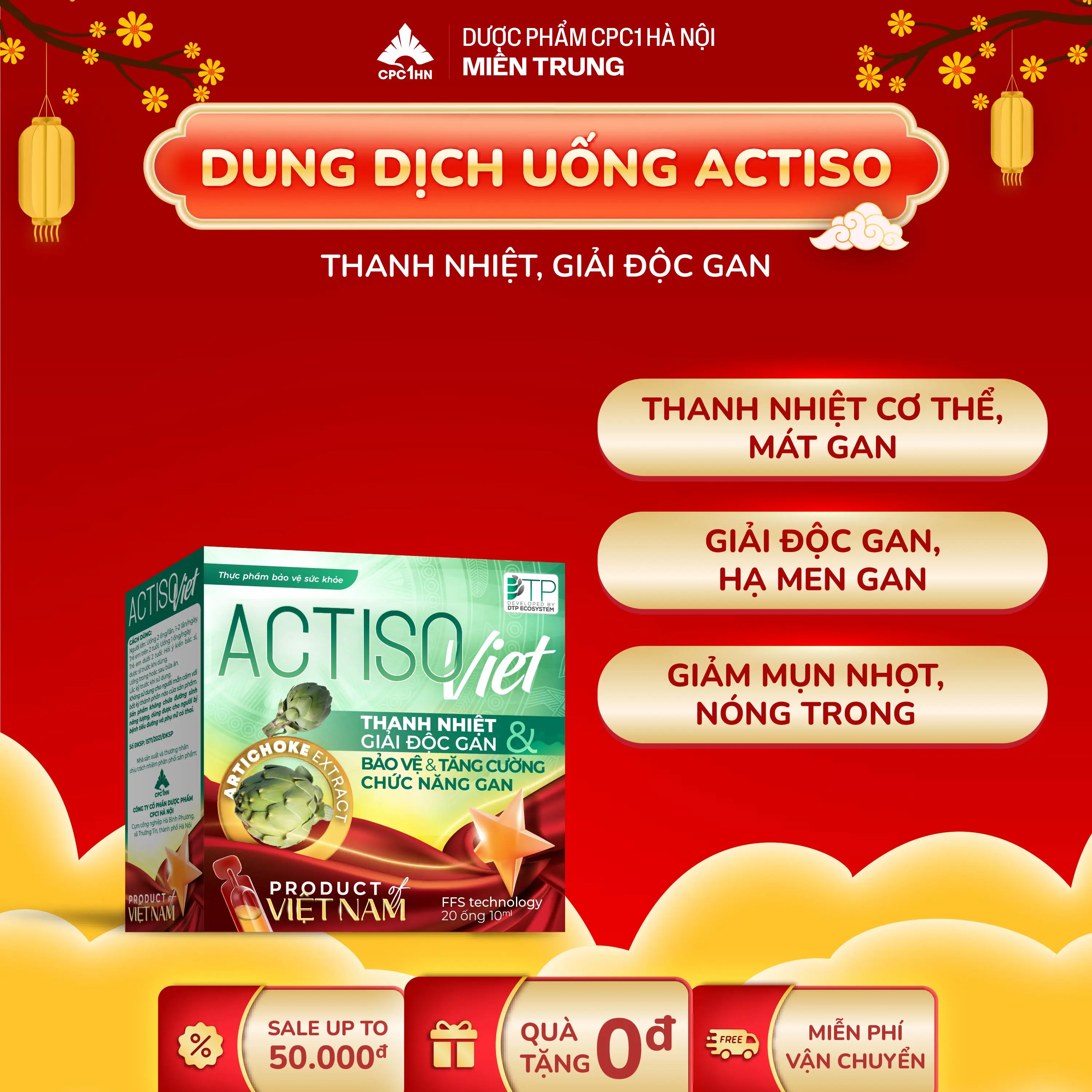 ACTISO Viet - Dung Dịch Uống Hỗ Trợ Mát Gan, Thanh Nhiệt, Giải Độc Gan, Hạ Men Gan - Hộp 20 Ống 10ml