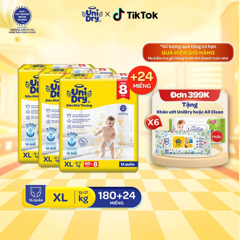 Combo 3 Tã quần UniDry Siêu khô thoáng gói Super Jumbo (Size M76/L68/XL60/XXL54)
