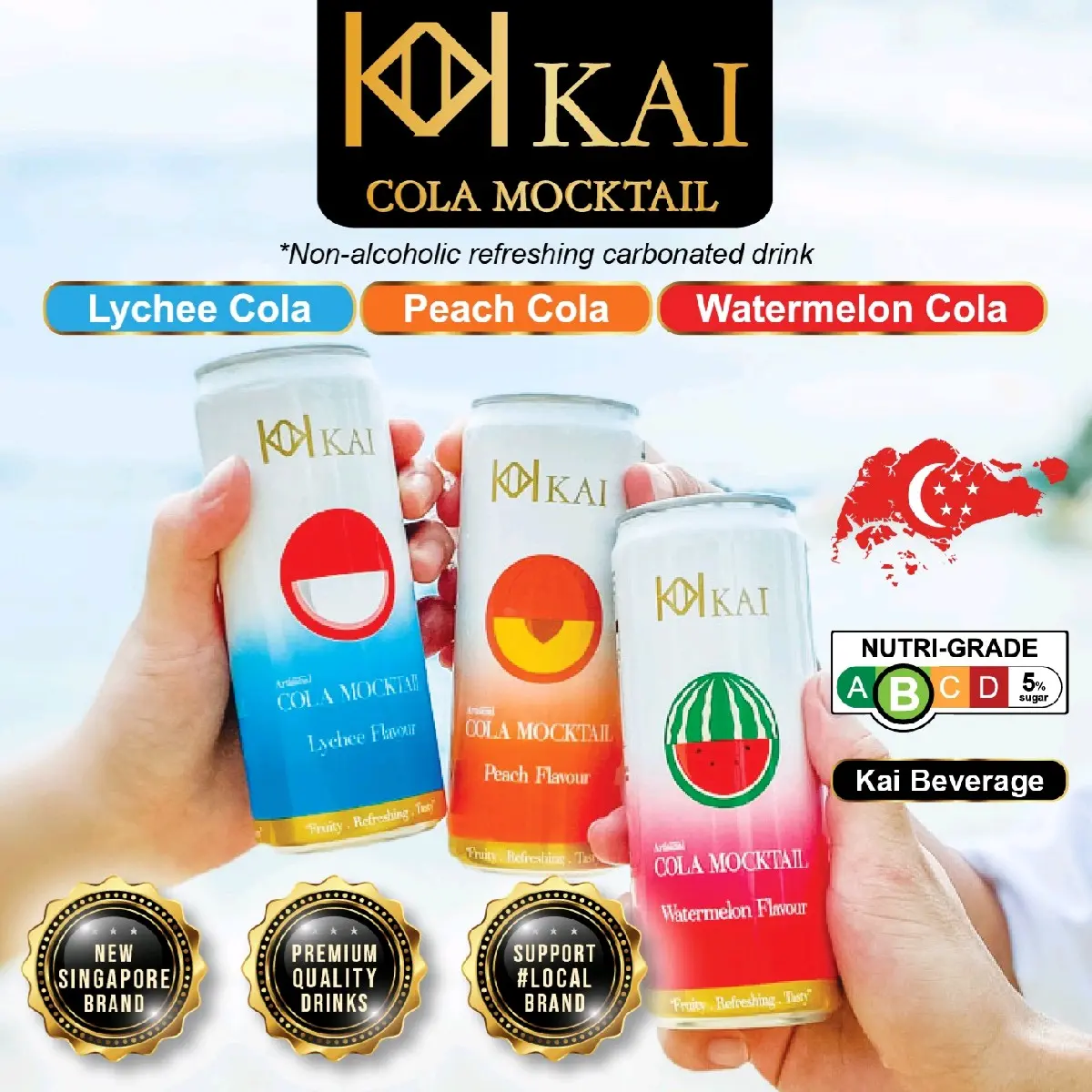 KAI - Cola Mocktail [Watermelon, Lychee, Peach] (Fruity Carbonated Soft Drink Beverage)(Nutri-Grade B) can drinks