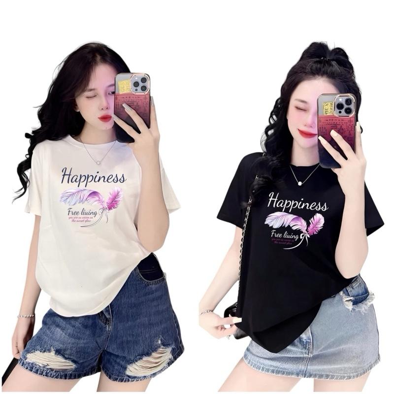 A14- Áo thun thái freesize 40-70kg mềm mịn mát co giãn 4 chiều in chữ happiness 