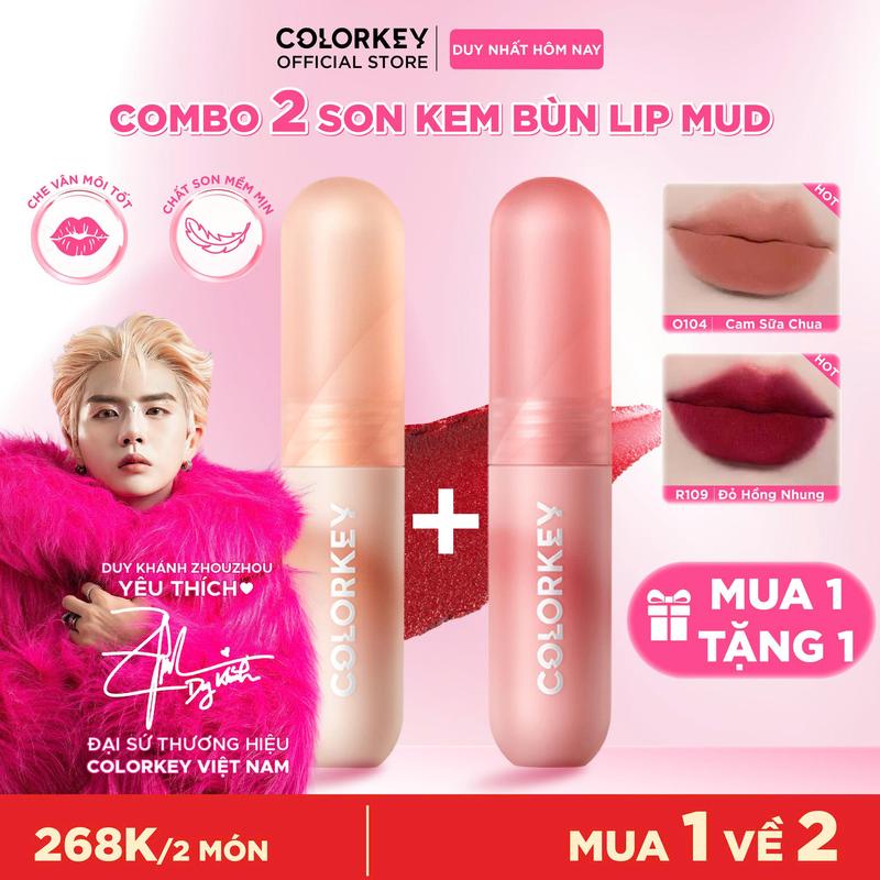   OFFICIAL  MUA 1 TẶNG 1 Combo 2 Son Kem Bùn COLORKEY Lip Mud Chất Son Mềm Mịn Che Vân Môi Tốt Màu Sắc Thời Thượng 2g 