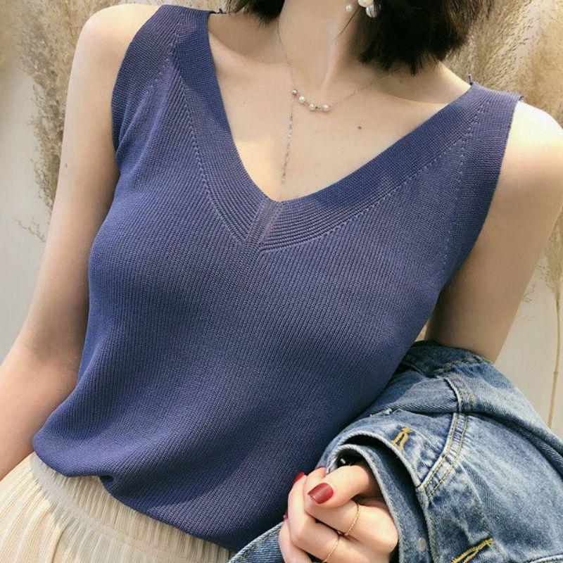 Fashion Ice Silk Camisole Women's Outer Wear Summer Sleeveless Knitwear Korean Style Loose V-neck Short Bottoming Shirt Top Fashion Womenswear Lingerie 1