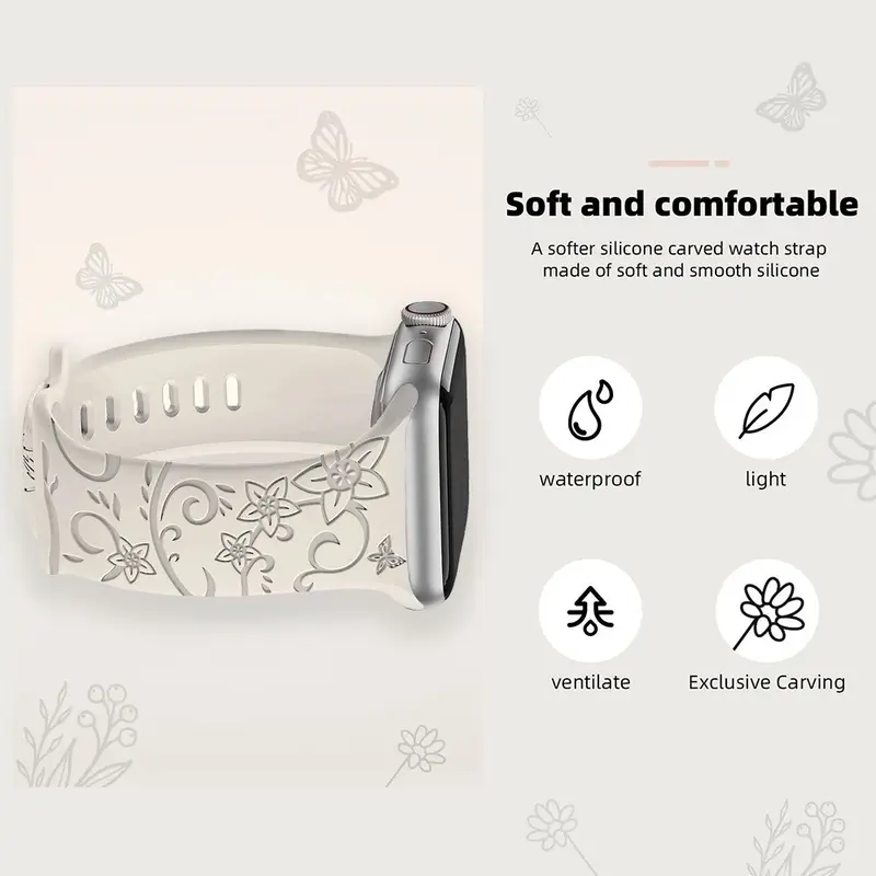 Strap for IWatch 49mm 45mm 44mm 42mm 41mm 40mm 38 mm Soft Sport Engraved Band Women Silicone Print Flower Printed Tali Jam Tangan Apple Watch Series 1 2 3 4 5 6 7 8 9 SE Ultra T500+pro Smartwatch S20 IWO HW IWO CW Rubber Accessories 6