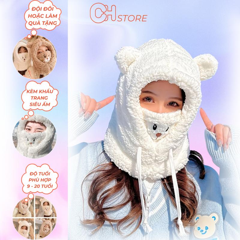 Mũ lông chùm đầu hàng loại đẹp che kín tai miệng siêu ấm hoạ tiết gấu đáng yêu Hoa Len