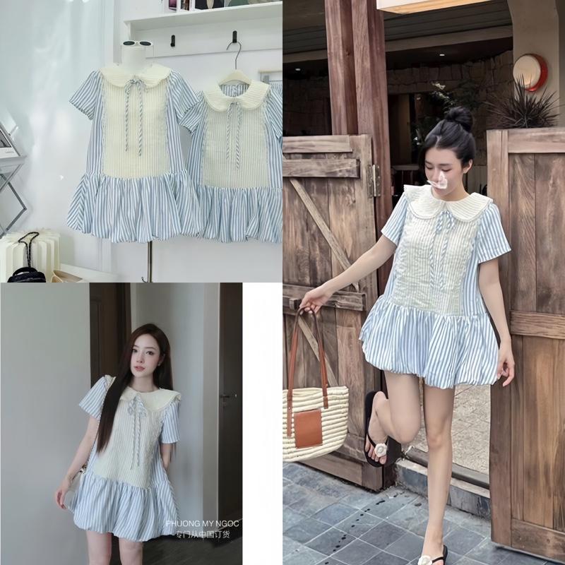 [S01] Váy Kẻ Sọc Phối Màu Chân Bí Cổ Sen Kèm Quần Bảo Hộ drees doxinh  giare