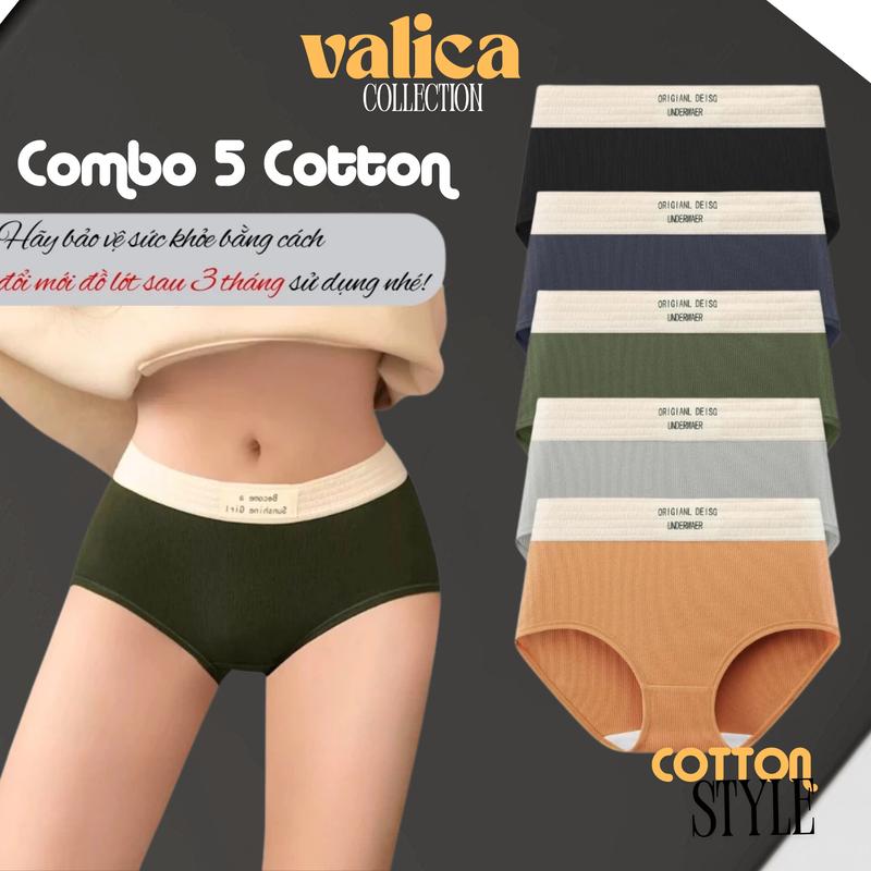 Combo 5 Quần Lót Nữ Cotton Gân Tăm Đáy May Chắc Chắn - Set 5 Quần Chip Cạp Chữ Cá Tính VALICA L1226 Women Voi
