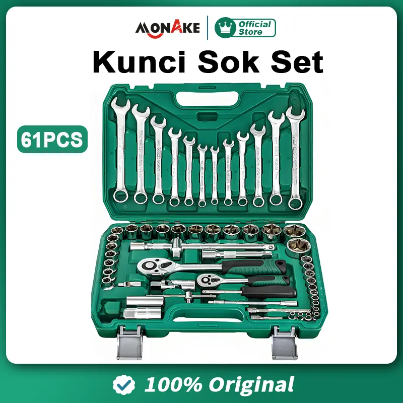 MONAKE Kunci Sok Set 61/82/94 pcs Set (COD) Lengkap Kunci Mata Sok 1/2'' and 1/4'' inch Set Potong Kunci Pas Alat Set Cincin 24 gigi Wrench Rachet alat perkakas lengkap motor Rachet Handle 0