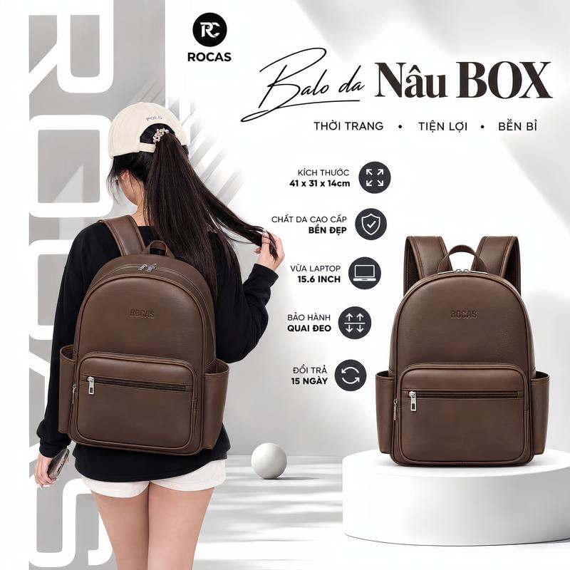 Balo Da Nâu BOX ROCAS, da Dày Dặn chống thấm nước, Vừa laptop 15.6icnh, phù hợp học sinh, sinh viên