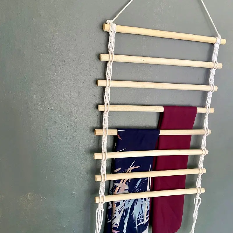 Gantungan Hijab Aesthetic 8 Susun Panjang 50 cm Kayu Berkualitas Tempat Kerudung Cantolan Jilbab Sajadah Serbaguna Tempel Kait di Dinding Ladder Hanger Tali Gantung Baju Mukena 3