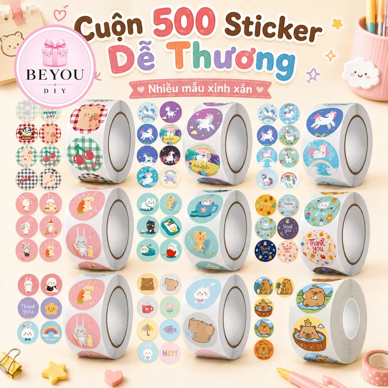 Cuộn 500 Sticker Hình Dán Kích Thước 2.5 cm, Hình Dán Trang Trí Sổ Tay, Vật Dụng - BEYOU Diy