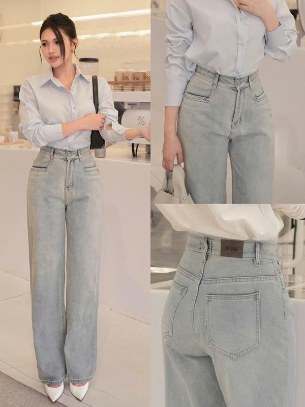 THE QUAO - Quần Jean Nữ Lưng Cao Ống Suông Rộng Phối Lưng Ren Túi Vuông Xanh Bạc phủ Bụi Vàng Nhẹ S2606_676