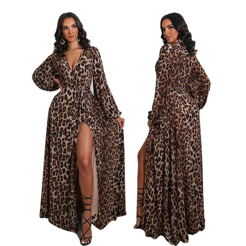 2022 New Sexy Casual Leopard Print V Neck Ladies Long Dress Nightclub…