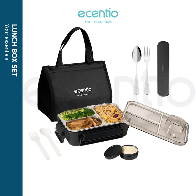 【kotak bekal stainless set】【2.0 anti tumpah】ecentio lunch box stainless 800ml sekat 3 dengan sendok sumpit free kotak sauce kecil Baja Garpu 1