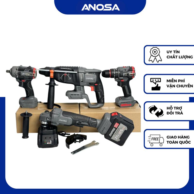 HQD Bộ Combo DHPRO Xám Máy Mài Khoan Siết Khoan Bê Tông 1Pin 20Cell Sạc - Động Cơ Không Chổi Than Chân Pin Phổ Thông