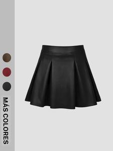 Minifalda plisada de cuero PU para mujer, falda casual en A, diseño sexy liso, estilo ajustado, para todas las estaciones, 1 pieza