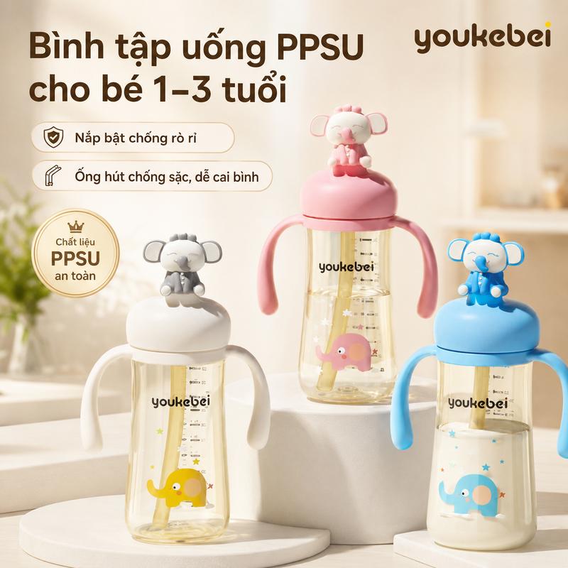 Bình Sữa Youkebei PPSU 300ml Hình Voi Dễ Thương, Cốc Uống Sữa 3 Trong 1 Có Ống Hút, Tay Cầm Tiện Lợi, Cho Bé Từ 1 Tuổi