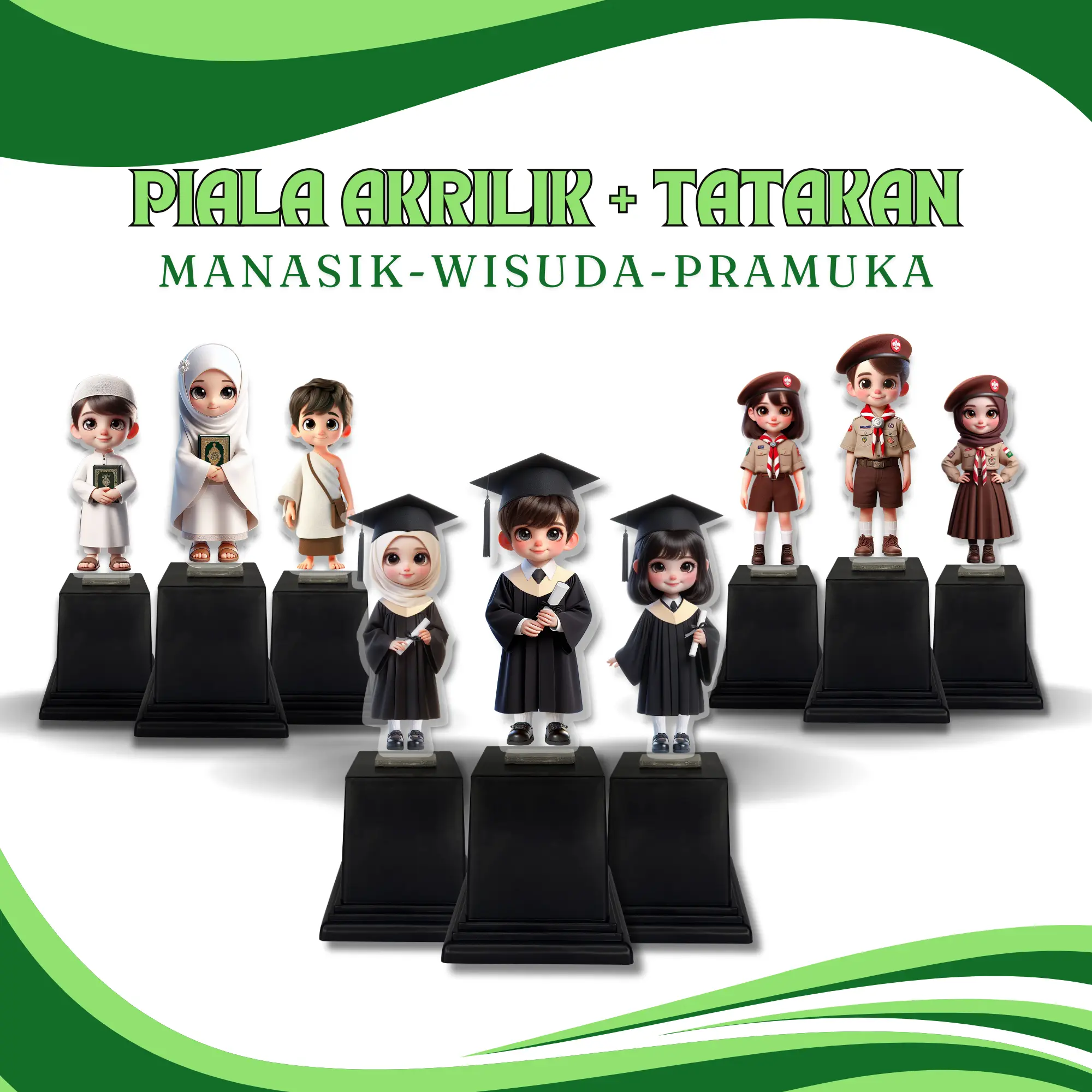 Piala Akrilik Wisuda Anak, Manasik, Pramuka Souvenir Hadiah Tropi Bahan Akrilik Plus Tatakan Variasi Perempuan, Laki-laki, Perempuan Hijab